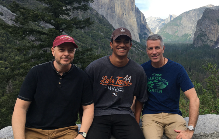 Pete Mercurio (left), Danny Stewart (right) and their son in Yosemite National Park in 2019.