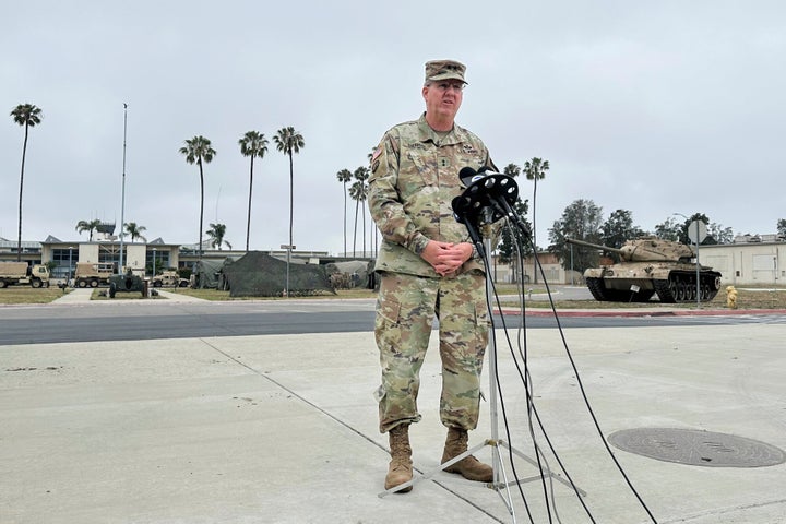 Maj. Gen. Scott Sherman, head of Task Force 51, speaks to reporters Wednesday, June 11, 2025 at the Joint Forces Training Base in Los Alamitos, Calif. (AP Photo/Amy Taxin)