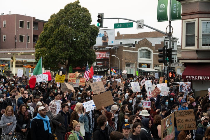Anti-ICE protesters march in San Francisco's Mission District on Monday.