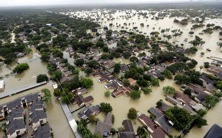A Houston neighborhood is seen underwater in 2017 after Hurricane Harvey struck the area, causing an estimated $125 billion in damage.