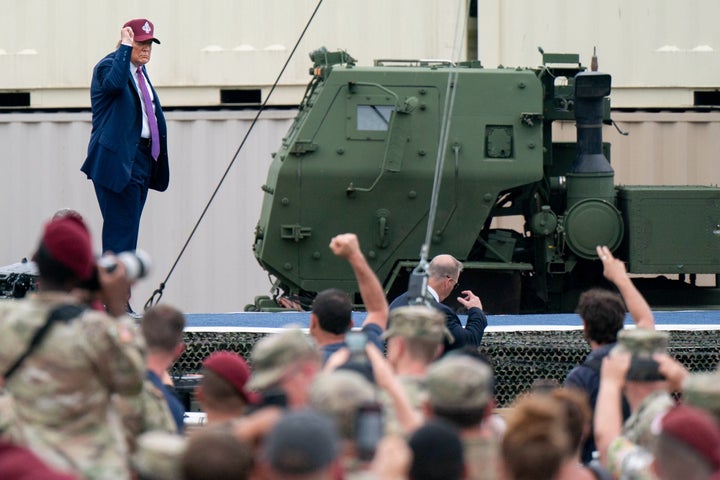 Donald Trump departs after speaking at Fort Bragg, North Carolina, on June 10, 2025. 
