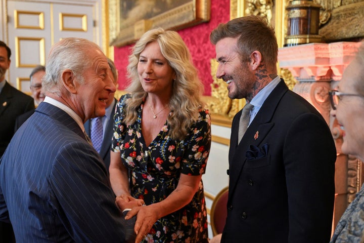 King Charles shares a laugh with Penny Lancaster and David Beckham at an event for his charity foundation