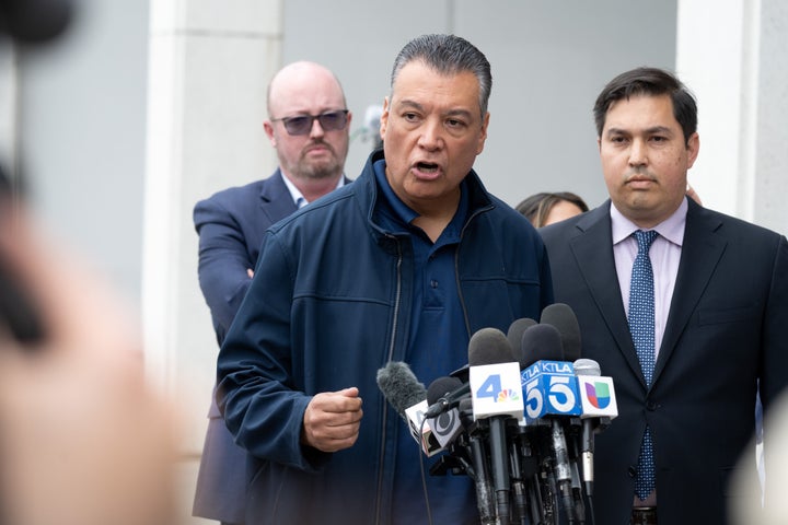 U.S. Sen. Alex Padilla of California makes a brief statement to the media after leaving the Federal Building in Los Angeles on Thursday. Padilla was pushed out of the room and handcuffed as Homeland Security Secretary Kristi Noem held a news conference.