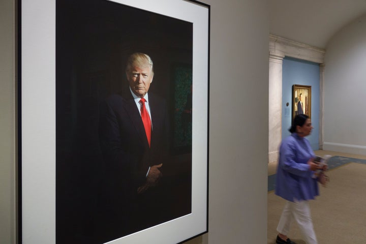A photo of U.S. President Donald Trump is displayed at the Smithsonian Institution's National Portrait Gallery.