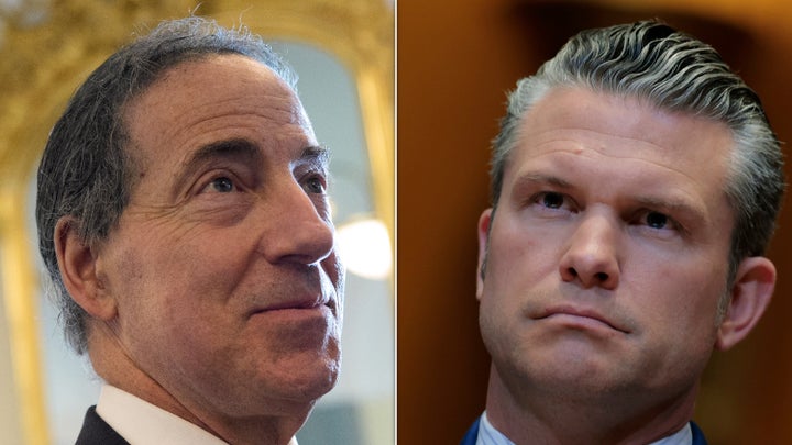 Rep. Jamie Raskin, called Defense Secretary Pete Hegseth, right, a "DUI hire."
