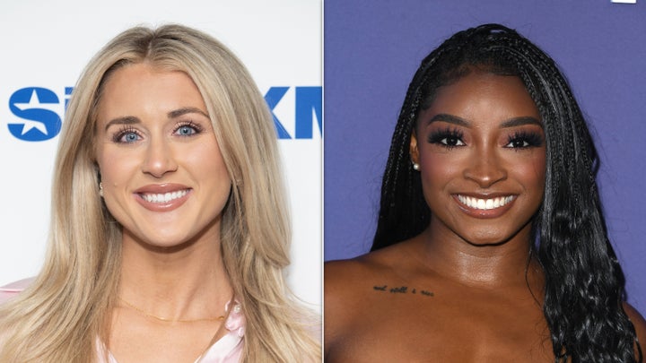 Riley Gaines, left, and Simone Biles sparred online earlier this month over the subject of transgender athletes. 
