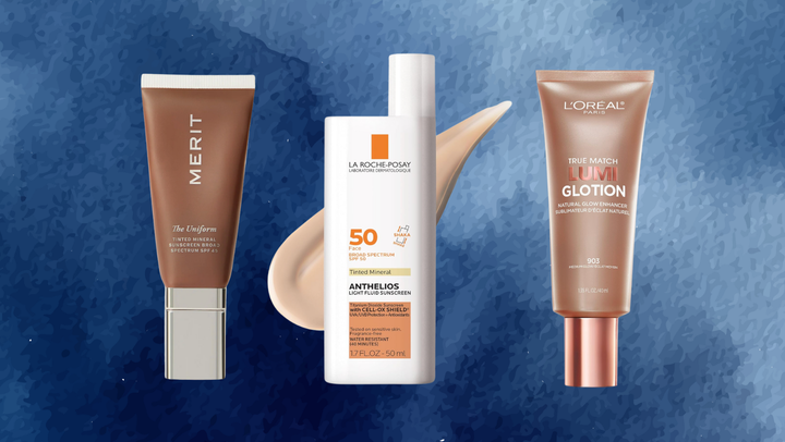 Merit The Uniform tinted mineral SPF 45, La Roche-Posay Anthelios tinted light fluid sunscreen SPF 50 and L'Oreal True Match Lumi Glotion.