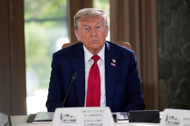 President Donald Trump participates in a session of the G7 Summit, Monday, June 16, 2025, in Kananaskis, Canada. 