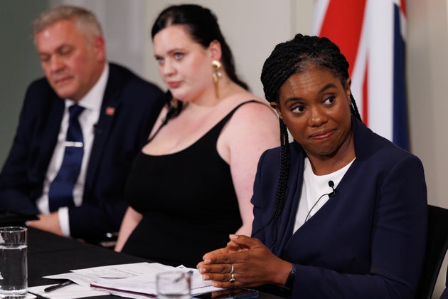 Conservative party leader Kemi Badenoch (R) hosts a press conference following the announcement on a national inquiry into grooming gangs, on June 17, 2025 in London, England. 
