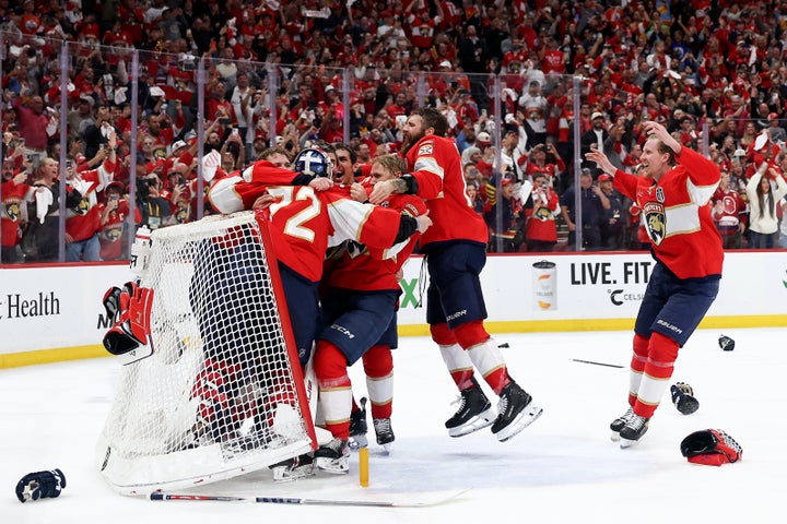 SUNRISE, FLORIDA - JUNE 17: The Florida Panthers celebrate after defeating the Edmonton Oilers and winning the Stanley Cup in Game Six of the 2025 Stanley Cup Final at Amerant Bank Arena on June 17, 2025 in Sunrise, Florida. (Photo by Christian Petersen/Getty Images)