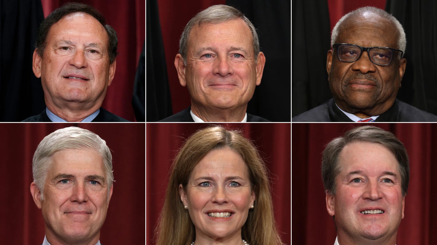 Supreme Court Justices Samuel Alito, John Roberts, Clarence Thomas, Neil Gorsuch, Amy Coney Barrett, Brett Kavanaugh