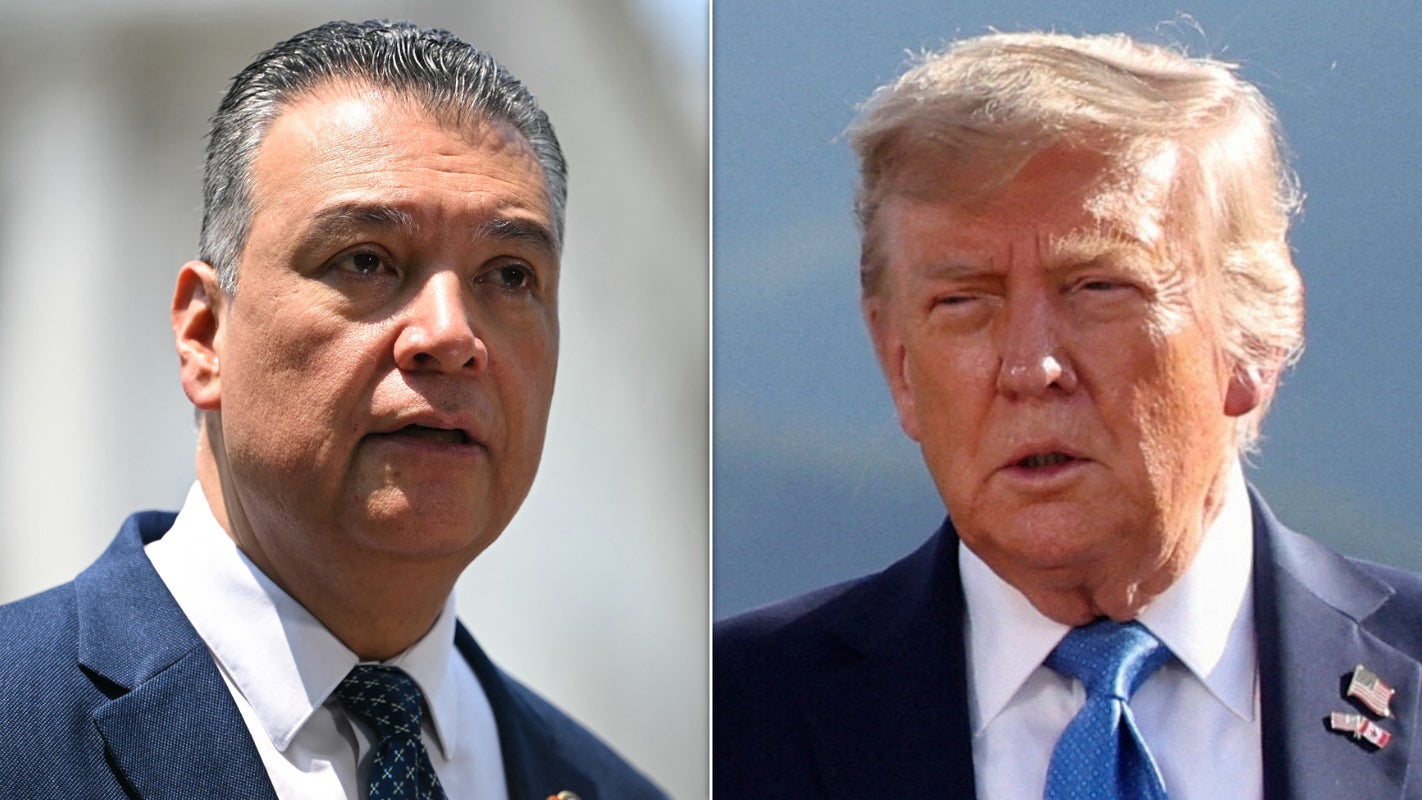 This photo illustration shows U.S. Senator Alex Padilla (Andrew Caballero-Reynolds/AFP via Getty Images) and Donald Trump (Suzanne Plunkett/Pool Photo via AP)