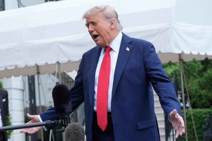 President Donald Trump, seen on Sunday talking with reporters outside of the White House, has repeatedly claimed that the 2020 election he lost was stolen from him.