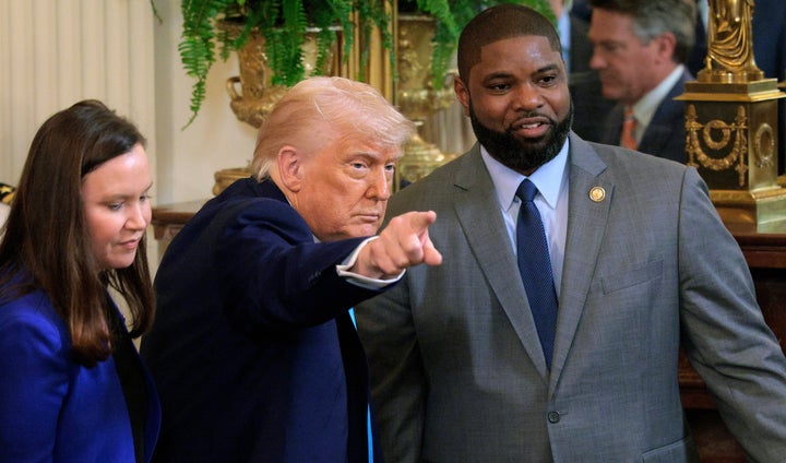 The president of the United States, Donald Trump, receives Senator Ashley Moody (R-Fla.) (Left), Representative Byron Donalds (R-Fla.) And others while celebrating the 2025 Male Basketball Champion of 2025 Florida Gators in the East Room of the White House on May 21 in Washington, DC
