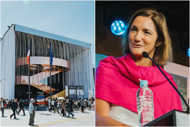 大阪万博フランスパビリオン外観（左）とベルグループのセシル・ベリオCEO