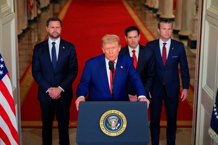 US Vice President JD Vance, from left, US President Donald Trump, Marco Rubio, US secretary of state, and Pete Hegseth, US secretary of defense, during an address to the nation in the East Room of the White House in Washington, DC, US, on Saturday, June 21, 2025. Trump said the US military struck three sites in Iran on Saturday, marking the first American involvement in direct attacks against Iranian nuclear assets in its conflict with Israel. Photographer: Carlos Barria/Reuters/Bloomberg via Getty Images