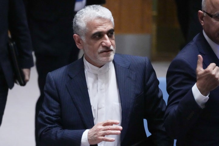 Iranian Permanent Representative to the UN Amir Saeid Iravani leaves a United Nations Security Council emergency meeting in New York on June 22, 2025, one day after the U.S. launched strikes on Iranian nuclear facilities.