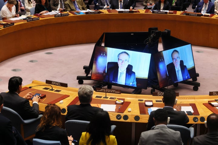 The United Nations Security Council listens as International Atomic Energy Agency director general Rafael Grossi speaks via video during an emergency meeting related to U.S. strikes on Iranian nuclear facilities, on June 22, 2025 in New York City.