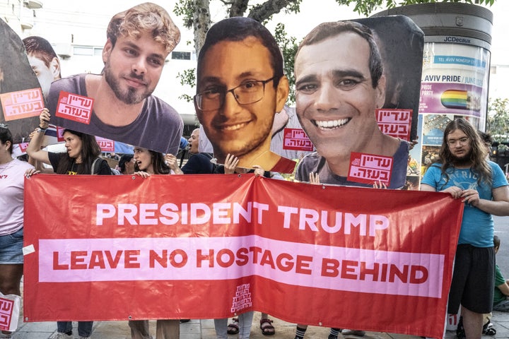 People gather outside the Likud Party Headquarters demanding the return of Israeli hostages held in Gaza on June 21, 2025, in Tel Aviv, Israel. Protesters stated that the hostage crisis has been overshadowed by Israel's war with Iran.