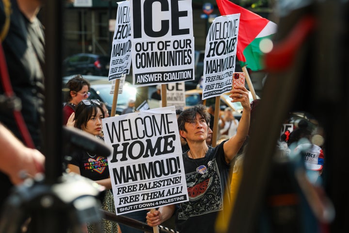 Khalil's supporters hear him speak during a rally on the steps of the Cathedral of St. John the Divine in New York City on June 22, 2025.