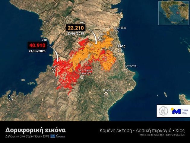 Χάρτης του meteo με τις καμένες εκτάσεις στη Χίο