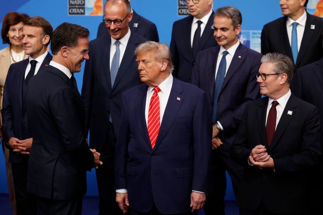 Front row left to right, NATO Secretary General Mark Rutte, President Donald Trump and Britain's Prime Minister Keir Starmer during a group photo of NATO heads of state and government at the NATO summit in The Hague, Netherlands, Wednesday, June 25, 2025.