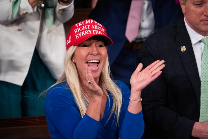 Rep. Marjorie Taylor Greene (R-Ga.) photographed at President Donald Trump's address to a joint session of Congress on March 4 at the U.S. Capitol.