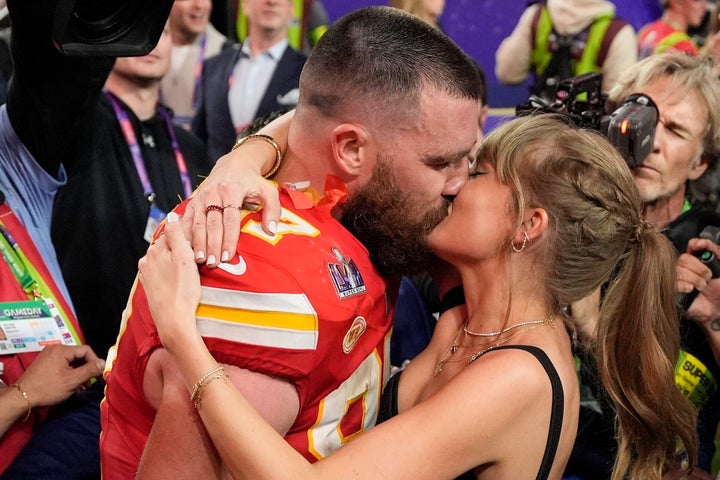 Kelce and Swift share a kiss in 2024 after their team won the Super Bowl.