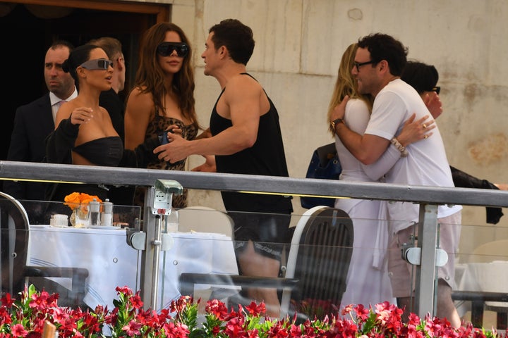 Kim Kardashian, Khloé Kardashian and Orlando Bloom ahead of the wedding of Jeff Bezos and Lauren Sánchez on June 26 in Venice, Italy.