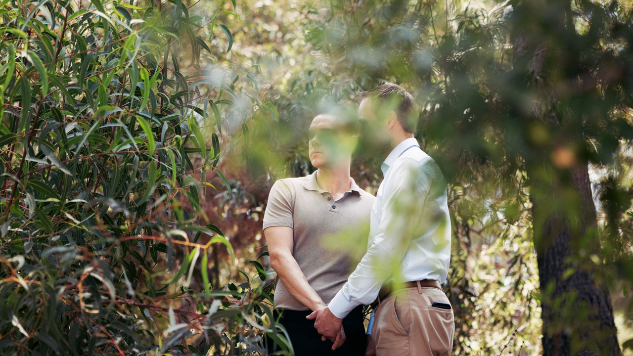 Ben and Duncan pose in a park in Los Angeles. The couple asked to use the names just for concern for privacy. Duncan's first experience with gay marriage rights in the United States left him with the feeling that they are unstable. 