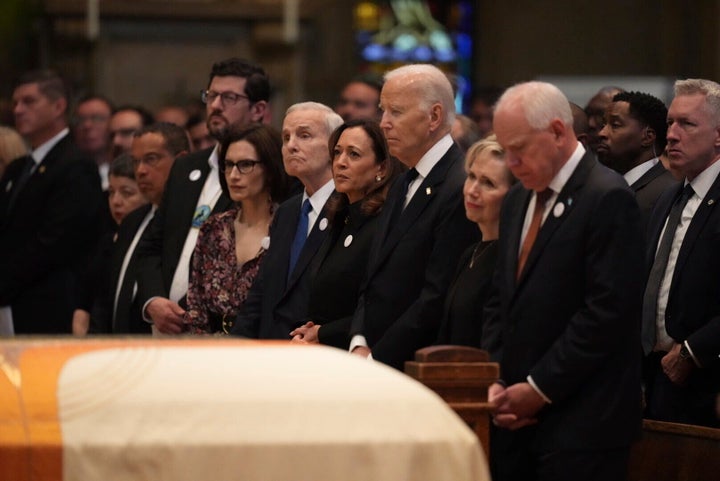 From left, Minnesota attorney general Keith Ellison, Tom Weber, Lt. Gov. Peggy Flanagan, former Minnesota Gov. Mark Dayton, former US Vice President Kamala Harris, former US President Joe Biden, Gwen Walz and Minnesota Gov. Tim Walz attend funeral services for Mark and Melissa Hortman at the Basilica of St. Mary in Minneapolis, Minn., on Saturday, June 28, 2025. (Alex Kormann/Star Tribune via AP, Pool)