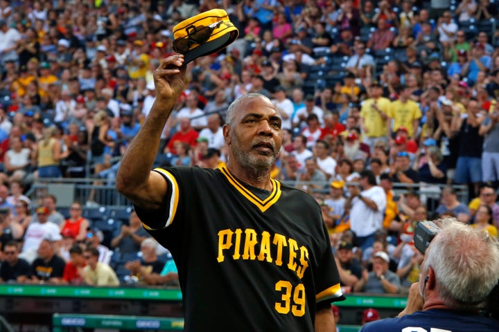 Dave Parker, a member of the 1979 Pittsburgh Pirates World Championship team, tips his cap during a pre-game ceremony honoring the team before a baseball game between the Pittsburgh Pirates and the Philadelphia Phillies in Pittsburgh, Saturday, July 20, 2019. (AP Photo/Gene J. Puskar, File)