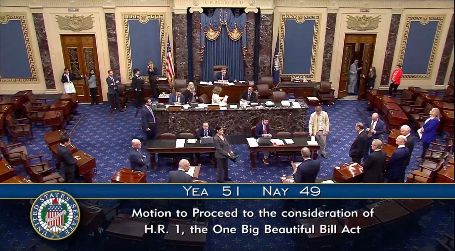 The screenshot from a U.S. Senate stream shows the 51-49 vote that advanced Trump's massive, Medicaid-slashing tax bill.