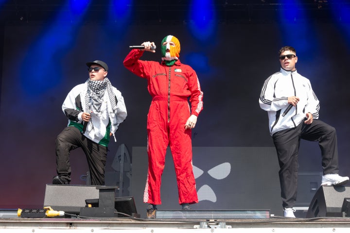 Kneecap's Mo Chara, DJ Provaí and Móglaí Bap (left to right) take the stage during day four of Glastonbury music festival on Saturday.