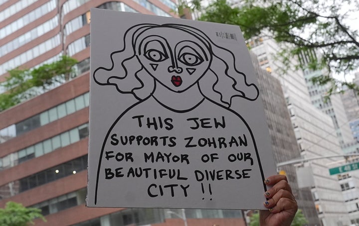 A group of Democrats rally in front of Sen. Kirsten Gillibrand's (D-N.Y.) office to protest her racist remarks made on WNYC Radio's Brian Lehrer Show about mayoral candidate Zohran Mamdani in New York City on June 27, 2025.