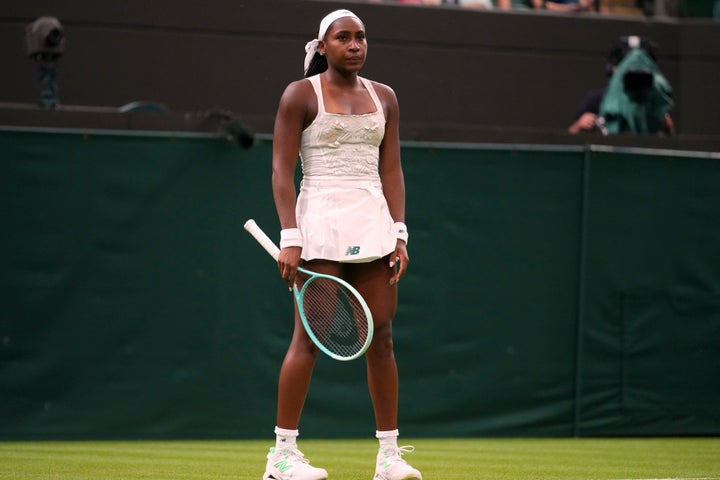Coco Gauff of the U.S. reacts after losing her first round women's single match against Dayana Yastremska of Ukraine at the Wimbledon Tennis Championships in London, Tuesday, July 1, 2025.