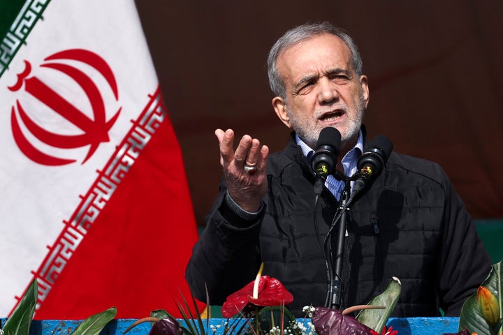In this photo provided by the Office of the President of Iran, President Masoud Pezeshkian speaks at a rally in Tehran, on Feb. 10, 2025.