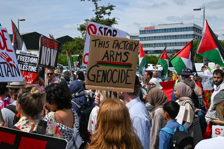 Protesters outside a BAE Systems plant demonstrate against supplying Israel with F-35 fighter jet parts, in Rochester, United Kingdom, on June 17, 2025. The UK has supported Israel during the war in Gaza, though the government recently suspended supplies.