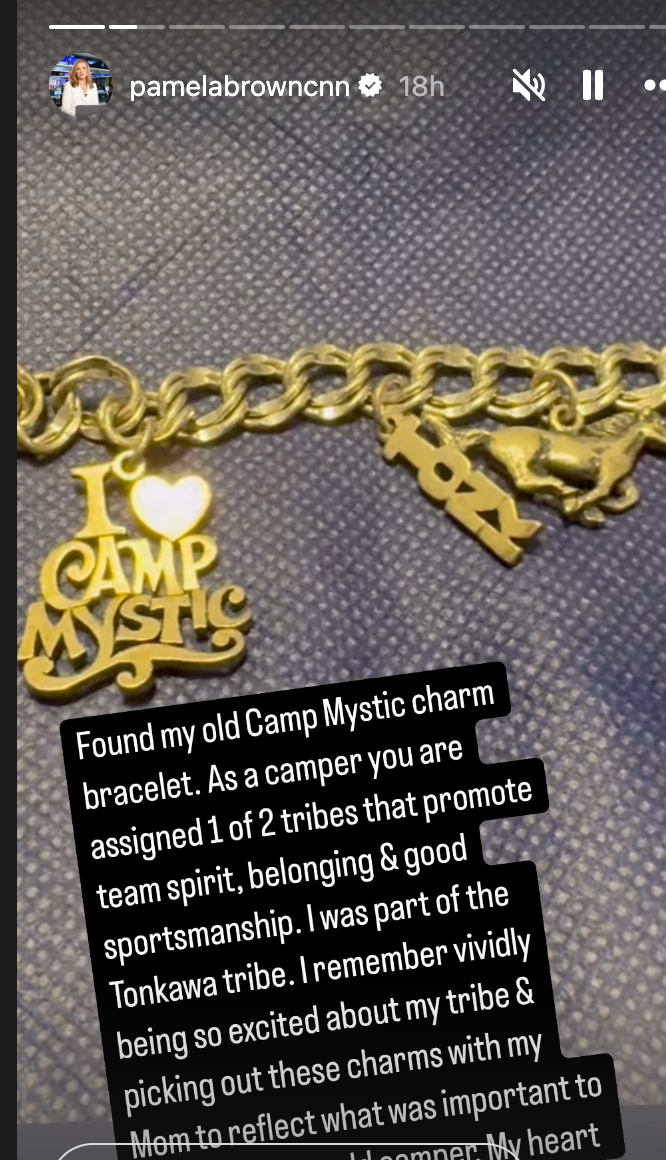 Pamela Brown's Camp Mystic charm bracelet. The CNN anchor has returned to her childhood camp to report on the tragedy there.