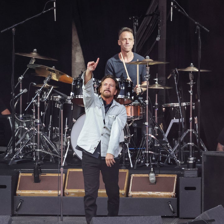 Cameron (at rear) with Pearl Jam's lead singer Eddie Vedder in Berlin, Germany, in 2022. 