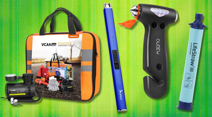 An emergency roadside kit, electric lighter, seat belt cutter and LifeStraw filter.