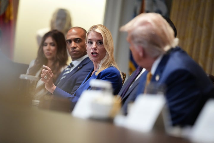 President Donald Trump listens as Attorney General Pam Bondi speaks during a Cabinet meeting at the White House on July 8, 2025 in Washington, D.C.