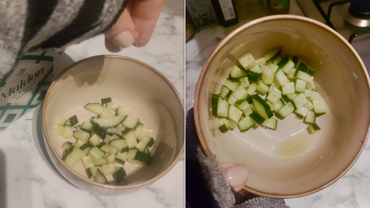 Salting cucumber on the left: water draining out of them on the right