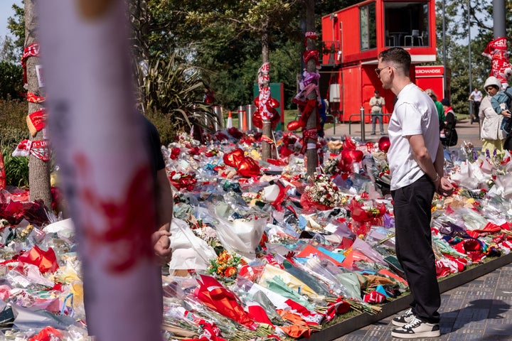 LIVERPOOL, ENGLAND - JULY 08: Andrew Robertson paying tribute to Diogo Jota at Anfield on July 08, 2025 in Liverpool, England. The Liverpool player and Portugal international Diogo Jota, 28, was killed in a car crash on July 03 in Zamora, Spain. He was travelling with his brother Andre Silva before returning to the UK for the start of the Premier League season. (Photo by Nikki Dyer - LFC/Liverpool FC via Getty Images)