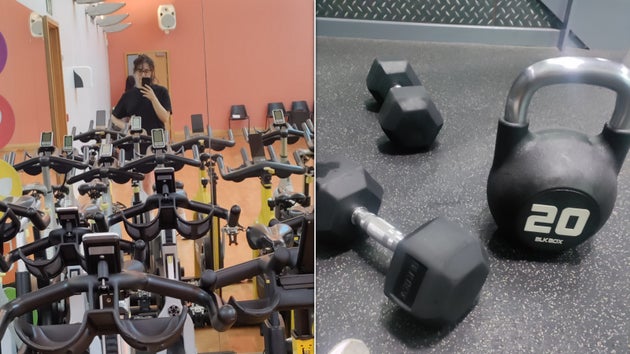 Me in a spin class and lifting weights (two activities I thought I'd be too ashamed to do)