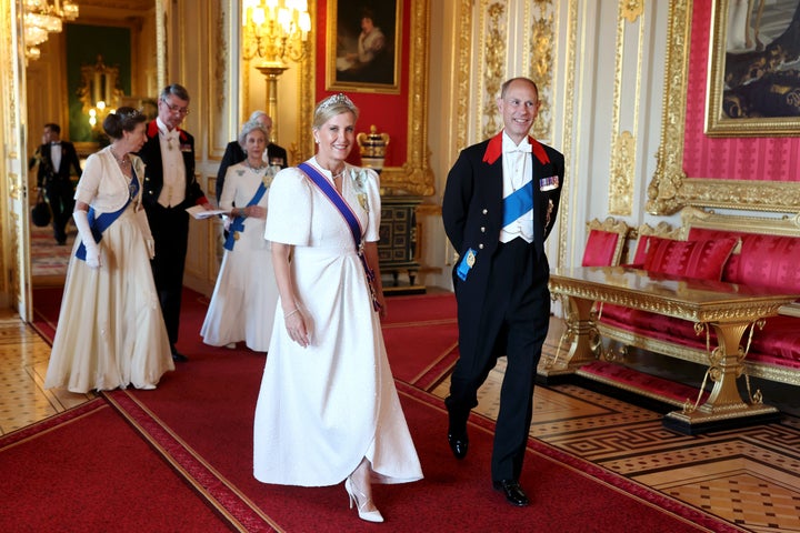 Sophie, Duchess of Edinburgh and Prince Edward, Duke of Edinburgh arrive at the state banquet. 