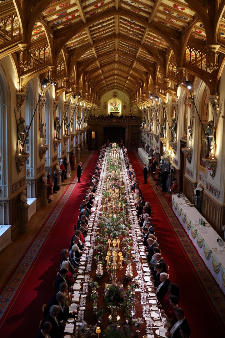 King Charles III delivers a speech during the state banquet. 