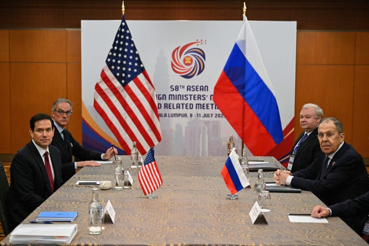 U.S. Secretary of State Marco Rubio, left, meets with Russia's Foreign Minister Sergei Lavrov, right, on the sidelines of the ASEAN Foreign Ministers' meeting in Kuala Lumpur, on July 10, 2025.