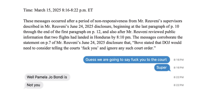 A snapshot of a March 15 text exchange between Erez Reuveni, a DOJ whistleblower and former longtime DOJ attorney, and a colleague.