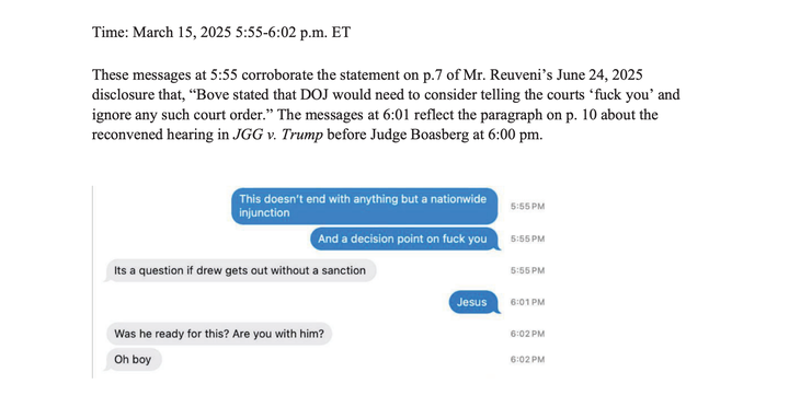 A snapshot of a March 15 text exchange between Erez Reuveni, a DOJ whistleblower and former longtime DOJ attorney, and a colleague.